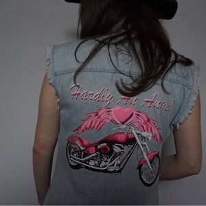 Vintage “Hardly An Angel” Denim Vest Pink Motorcycle Frayed Sleeves Y2K S